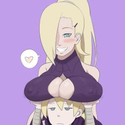 Rule 34 | 1boy, 1girl, age difference, artist name, bare shoulders, blonde hair, blue eyes, blush, boruto: naruto next generations, breast lift, breast press, breast rest, breasts, breasts on head, breasts squeezed together, cleavage, cleavage cutout, clothing cutout, ear piercing, earrings, eeshin (eishin5584), grabbing, grabbing another&#039;s breast, green eyes, hair ornament, hair over one eye, hair tie, hairclip, heart, holding, incest, jewelry, large areolae, large breasts, long hair, mature female, mother and son, naruto (series), nipples, nipples visible through clothes, pale skin, piercing, ponytail, purple background, smile, yamanaka ino, yamanaka inojin