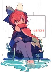 Rule 34 | 1girl, blue bow, bow, cape, covered mouth, hair bow, long sleeves, plant, red eyes, red hair, rune066, sekibanki, short hair, sitting, skirt, soaking feet, solo, toes, touhou, water