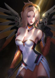 Rule 34 | 1girl, adapted costume, armor, bare shoulders, black background, black gloves, blonde hair, blue eyes, bodice, breasts, brown thighhighs, choker, cleavage, clenched hand, contrapposto, cowboy shot, dappled sunlight, detached sleeves, dress, dust, faulds, female focus, gloves, hair tie, halo, hand up, high ponytail, highres, holding, holding staff, julia woo, large breasts, light rays, light smile, lips, lipstick, long hair, looking at viewer, makeup, mechanical halo, mechanical wings, mercy (overwatch), nose, orange detached sleeves, overwatch, overwatch 1, parted lips, pelvic curtain, pink lips, ponytail, realistic, side slit, solo, spread wings, staff, standing, strapless, strapless dress, sunlight, thighhighs, white dress, wings, yellow wings