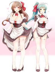 Rule 34 | 2girls, :d, ahoge, alternate costume, apron, black dress, black footwear, blush, breasts, brown eyes, brown hair, cleavage, clothes lift, collarbone, detached collar, dress, dress lift, elbow gloves, enmaided, full body, garter straps, gloves, green eyes, green hair, hair ribbon, heart, high heels, highres, irako (kancolle), kantai collection, large breasts, lifted by self, long hair, maid, maid apron, maid headdress, mamiya (kancolle), multiple girls, open mouth, ponytail, red ribbon, ribbon, rui shi (rayze ray), short sleeves, smile, standing, thighhighs, white apron, white gloves, white legwear