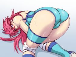 Rule 34 | 1girl, all fours, ass, bare shoulders, boots, breasts, leotard, long hair, looking at viewer, looking back, medium breasts, mighty yukiko, pink hair, purple eyes, solo, sweat, taroimo (00120014), wrestle angels, wrestle angels survivor, wrestling outfit, wristband