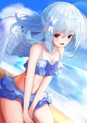 Rule 34 | 1girl, :d, absurdres, beach, between legs, bikini, bikini skirt, blue bikini, blue hair, blue skirt, blue sky, blush, breasts, cleavage, cloud, collarbone, day, feathered wings, floating hair, flower, frilled bikini, frills, hair between eyes, hair flower, hair ornament, hand between legs, highres, kishin sagume, layered skirt, lens flare, long hair, miniskirt, niko kusa, ocean, open mouth, outdoors, red eyes, sitting, skirt, sky, small breasts, smile, solo, summer, swimsuit, touhou, white flower, white wings, wings