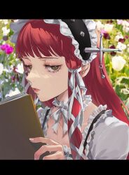 Rule 34 | 1girl, blunt bangs, book, brown eyes, flower, frills, gothic lolita, hair ribbon, hairband, holding, holding book, isa (peien516), letterboxed, lolita fashion, lolita hairband, long hair, looking at viewer, parted lips, persona, persona 3, pink flower, red hair, ribbon, solo, upper body, white flower, white ribbon, yoshino chidori
