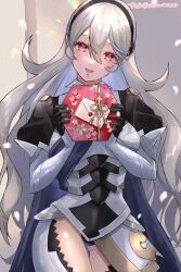 Rule 34 | 1girl, :d, black gloves, black hairband, black panties, box, breasts, commentary request, corrin (female) (fire emblem), corrin (fire emblem), cowboy shot, fire emblem, fire emblem fates, gloves, gluteal fold, grey hair, hairband, head tilt, highres, holding, holding box, juliet sleeves, long hair, long sleeves, looking at viewer, medium breasts, nintendo, open mouth, panties, puffy sleeves, red eyes, smile, snow20200, solo, standing, thighs, underwear, very long hair