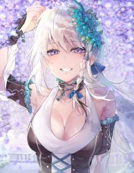 Rule 34 | 1girl, absurdres, arm at side, artist name, bare shoulders, blue flower, blue ribbon, bodice, braid, breasts, cleavage, collarbone, commentary, commission, copyright request, detached sleeves, english commentary, flower, grin, hair flower, hair ornament, hair ribbon, hand on own head, highres, kanniiepan, long hair, looking at viewer, medium breasts, petals, ponytail, purple eyes, purple flower, ribbon, shirt, single braid, smile, solo, standing, white hair, white shirt
