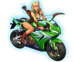 Rule 34 | 1girl, aqua eyes, arm support, armlet, arrow (projectile), bare legs, bare shoulders, belt, blonde hair, bodysuit, boots, bow (weapon), braid, breasts, brown footwear, cleavage, commentary request, cowboy boots, cross-laced clothes, elf, feather hair ornament, feathers, flat tire, from side, full body, hair ornament, high collar, high heel boots, high heels, highres, jewelry, large breasts, leaning forward, leotard, looking to the side, motor vehicle, motorcycle, necklace, ogami, original, outline, pendant, pointy ears, quiver, riding, short hair, side braid, simple background, sitting, sleeveless, smile, solo, straddling, v-neck, vambraces, vehicle, weapon, white background, wrist guards