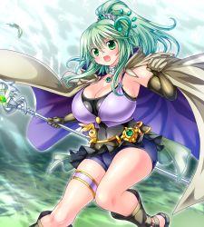 Rule 34 | 1girl, absurdres, blush, breasts, cape, choker, cleavage, duel monster, elbow gloves, female focus, gloves, green hair, hair ornament, highres, huge breasts, kogarashi (wind of winter), legs, long hair, open mouth, ponytail, sandals, shirt, shorts, skirt, solo, witch, staff, winda priestess of gusto, yu-gi-oh!