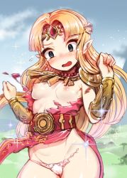 Rule 34 | 1girl, absurdres, bare shoulders, blonde hair, blue eyes, blue sky, blurry, blurry background, blush, breasts, cloud, commentary request, day, depth of field, dress, forehead jewel, glint, groin, hair ornament, hands up, harigane shinshi, head tilt, highres, long hair, medium breasts, navel, nintendo, nipples, nose blush, open mouth, outdoors, panties, parted bangs, pink dress, pink panties, pointy ears, princess zelda, sky, solo, the legend of zelda, torn clothes, torn dress, torn panties, underwear, very long hair