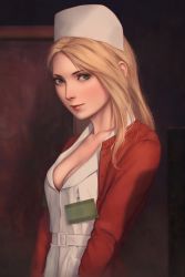 Rule 34 | 1girl, bad id, bad pixiv id, blonde hair, blue eyes, breasts, cardigan, cleavage, hat, highres, lips, lisa garland, long hair, looking at viewer, miura-n315, nurse cap, open cardigan, open clothes, profile, red cardigan, silent hill (series), silent hill 1, small breasts, solo, upper body