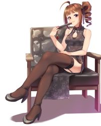 Rule 34 | 1girl, ahoge, black footwear, blush, breasts, brown hair, china dress, chinese clothes, cleavage, cleavage cutout, closed mouth, clothing cutout, crossed legs, dress, folded fan, folding fan, full body, hand fan, high heels, idolmaster, idolmaster million live!, idolmaster million live! theater days, kamille (vcx68), looking at viewer, medium breasts, nail polish, purple eyes, red nails, side ponytail, simple background, sitting, smile, solo, thighhighs, thighs, white background, yokoyama nao