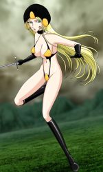 Rule 34 | armpits, black hat, black one-piece swimsuit, black slingshot swimsuit, blurry, bodysuit, boots, cosplay, depth of field, from side, full body, ginga tetsudou 999, gloves, half-closed eyes, halterneck, hat, holding, holding sword, holding weapon, legs apart, long hair, maetel, naked b00ts, one-piece swimsuit, outdoors, slingshot swimsuit, solo, standing, standing on one leg, swimsuit, sword, very long hair, weapon