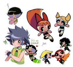 Rule 34 | !?, 3boys, 4girls, black hair, blossom (ppg), boomer (ppg), bow, brick (ppg), bubbles (ppg), butch (ppg), buttercup (ppg), closed eyes, commentary request, evil grin, evil smile, fingerless gloves, furrowed brow, gloves, green eyes, grin, guruo (gur sp), hair bow, heart, highres, in-franchise crossover, long hair, matsubara kaoru, multiple boys, multiple girls, one eye closed, open mouth, powered buttercup, powerpuff girls, powerpuff girls z, rowdyruff boys, signature, sleeping, smile, spiked hair, twintails, vest, yellow vest, zzz