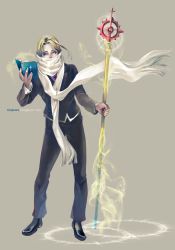 Rule 34 | 1boy, blonde hair, blue eyes, book, claparo, cross, darnell (phong anh), jewelry, long sleeves, magic, magic circle, male focus, necklace, original, pants, scarf, simple background, solo, staff
