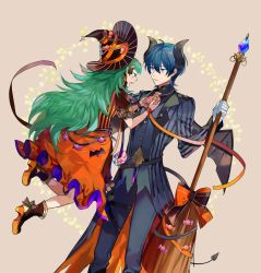 Rule 34 | 1boy, 1girl, adjusting clothes, alternate costume, ascot, black headwear, black skirt, blue eyes, blue hair, blunt bangs, boots, bow, braid, byleth (fire emblem), byleth (male) (fire emblem), candy, costume, demon horns, demon wings, dress, fire emblem, fire emblem: three houses, fire emblem heroes, floating, food, from side, green hair, halloween, halloween costume, hat, holding, horns, lollipop, long hair, matching hair/eyes, multicolored hair, nintendo, official alternate costume, open mouth, orange dress, pointy ears, puffy short sleeves, puffy sleeves, sash, short sleeves, simple background, skirt, smile, sothis (fire emblem), striped, twin braids, u f1214, very long hair, wings, witch hat, wristband