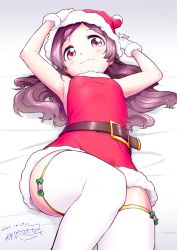 Rule 34 | 1girl, armpits, arms up, bed sheet, belt, bow, bow legwear, check commentary, christmas, commentary request, dated, dress, foreshortening, fur trim, gloves, green bow, hair down, hanasaki tsubomi, hat, heartcatch precure!, highres, knee up, long hair, looking at viewer, lying, matatabi (karukan222), no eyewear, on back, pink hair, precure, santa costume, santa hat, signature, sleeveless, sleeveless dress, smile, solo, thighhighs, thighs, white background, white gloves, white thighhighs, zettai ryouiki
