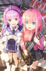Rule 34 | 2girls, absurdres, ahoge, blue eyes, blue hair, blue hairband, bocchi the rock!, braid, breasts, commentary, drum, drum set, electric guitar, english commentary, gotoh hitori, guitar, hairband, highres, holding, holding microphone, hololive, instrument, jacket, low twin braids, medium breasts, microphone, minato aqua, minato aqua (sailor), miniskirt, mixed-language commentary, multicolored hair, multiple girls, nervous, pink eyes, pink hair, skirt, streaked hair, sweat, sysen, track jacket, trait connection, twin braids, two-tone hair, virtual youtuber, wavy mouth