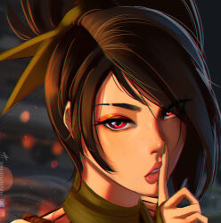 Rule 34 | 1girl, absurdres, akali, artist name, black hair, close-up, finger to mouth, freckles, green nails, hayashidraws, high ponytail, highres, index finger raised, league of legends, lips, looking at viewer, parted lips, portrait, red eyes, shushing, signature, solo, upper body
