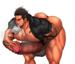 Rule 34 | 10s, 1boy, abs, bara, body hair, brown hair, censored, condom, erection, final fantasy, final fantasy xv, gladiolus amicitia, huge penis, looking at viewer, male focus, muscular, naughty face, pectorals, penis, red eyes, scar, solo, tattoo, testicles, undressing, yaoi, yuatari