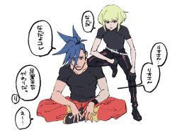 Rule 34 | 2boys, bad id, bad pixiv id, blonde hair, blue eyes, blue hair, earrings, galo thymos, gloves, half gloves, jewelry, leaning on person, lio fotia, male focus, multiple boys, open mouth, pants, promare, purple eyes, shirikon, spiked hair