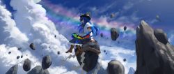 Rule 34 | 1girl, black hat, blue hair, blue skirt, blue sky, boots, bow, bowtie, brown footwear, closed mouth, cloud, commentary, cross-laced footwear, floating rock, food, frills, fruit, full body, hat, highres, hinanawi tenshi, leaf, long hair, looking to the side, outdoors, peach, puffy short sleeves, puffy sleeves, rainbow, rainbow gradient, rainbow order, red bow, red eyes, rock, shirt, short sleeves, skirt, sky, solo, standing, suna (s73d), touhou, white shirt