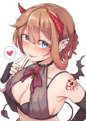 Rule 34 | 1girl, absurdres, alternate costume, bat wings, black bra, bra, braid, breasts, bridal gauntlets, cleavage, commentary request, demon girl, demon horns, demon tail, demon wings, ear piercing, folded ponytail, grey eyes, hair rings, highres, horns, kantai collection, kiritto, light brown hair, long hair, looking at viewer, medium breasts, piercing, pointy ears, single braid, solo, tail, tattoo, teruzuki (kancolle), tongue, tongue out, twin braids, underwear, upper body, wings