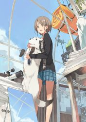 Rule 34 | 1girl, brown eyes, brown hair, cloud, day, dog, from below, hammock, highres, holding, mk (masatusaboten), model, open mouth, original, photo (object), plaid, plaid skirt, pleated skirt, short hair, skirt, sky, smile, solo, space shuttle, spacecraft, table, telescope, weather vane, window