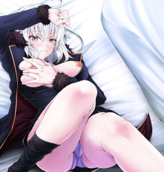 Rule 34 | 1girl, absurdres, arm on own head, ass, black dress, black legwear, blush, closed mouth, coat, dress, fate (series), fur-trimmed coat, fur-trimmed sleeves, fur trim, grabbing, grabbing another&#039;s breast, grabbing own breast, highres, jeanne d&#039;arc (fate), jeanne d&#039;arc alter (fate), jeanne d&#039;arc alter (ver. shinjuku 1999) (fate), jyun, kneehighs pull, legs, long sleeves, looking at viewer, lying, nipples, official alternate costume, open clothes, open dress, pale skin, panties, pantyshot, short dress, short hair, solo, underwear, white hair, white panties, wicked dragon witch ver. shinjuku 1999, yellow eyes