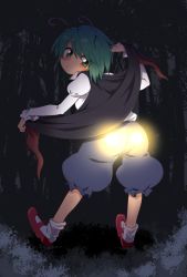 Rule 34 | 1girl, antennae, ass, baggy shorts, blush, cape, cape lift, forest, glowing, green eyes, green hair, harusame (unmei no ikasumi), juliet sleeves, long sleeves, looking at viewer, looking back, matching hair/eyes, nature, night, puffy shorts, puffy sleeves, shirt, shorts, solo, touhou, wriggle nightbug
