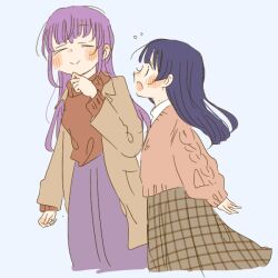 Rule 34 | 2girls, :o, blue hair, brown coat, brown sweater, casual, coat, commentary, flying sweatdrops, hand on own chin, kase (ks lys), link! like! love live!, long hair, long skirt, long sleeves, looking at another, loose hair strand, love live!, multiple girls, murano sayaka, otomune kozue, plaid, plaid skirt, puffy long sleeves, puffy sleeves, purple hair, skirt, smile, sweater, winter clothes, winter coat