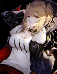 Rule 34 | 1girl, animal ears, arknights, arms up, black background, black collar, black jacket, blonde hair, breasts, brown eyes, cleavage, closed mouth, collar, collarbone, commentary request, fur-trimmed sleeves, fur trim, has bad revision, has downscaled revision, hisahisahisahisa, jacket, lion ears, long sleeves, looking at viewer, md5 mismatch, medium breasts, mouth hold, open clothes, open jacket, red shorts, resolution mismatch, shirt, shorts, siege (arknights), simple background, solo, source smaller, studded collar, white shirt