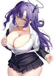 Rule 34 | 1girl, absurdres, black jacket, black skirt, blue archive, blue eyes, blue hair, blush, breasts, cleavage, collarbone, collared shirt, from above, halo, highres, jacket, large breasts, long hair, long sleeves, looking at viewer, looking up, miniskirt, namazu (yamasonson), open mouth, pleated skirt, shirt, simple background, skirt, solo, white background, white shirt, yuuka (blue archive)