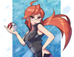 Rule 34 | 1girl, bare shoulders, black shirt, creatures (company), elite four, game freak, glasses, hand on own hip, highres, lipstick, long hair, looking at viewer, lorelei (pokemon), makeup, nintendo, open mouth, poke ball, pokemon, pokemon frlg, popped collar, red eyes, red hair, sgnj1838, shirt, sleeveless, sleeveless shirt, smile, solo