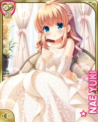 Rule 34 | 1girl, alternate hairstyle, blue eyes, bow, brown hair, character name, closed mouth, day, dress, elbow gloves, girlfriend (kari), gloves, indoors, long hair, official art, qp:flapper, sitting, smile, solo, wedding dress, white bow, white dress, white gloves, yuuki nae