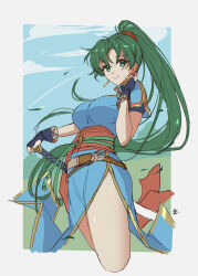 Rule 34 | 1girl, black gloves, blue dress, blue sky, closed mouth, commentary, dress, earrings, english commentary, fingerless gloves, fire emblem, fire emblem: the blazing blade, gloves, green eyes, green hair, highres, jewelry, long hair, looking at viewer, lyn (fire emblem), nintendo, ponytail, short sleeves, sky, solo, sword, very long hair, weapon, zedoraart