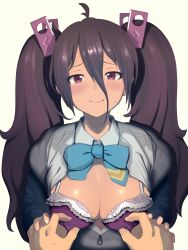 Rule 34 | 1girl, 2equal8, ahoge, battle girl high school, bra, breasts, cleavage, closed mouth, collared shirt, covered erect nipples, dark-skinned female, dark skin, foreshortening, hair between eyes, hair ornament, highres, holding hands, large breasts, long hair, long sleeves, looking at viewer, nipple stimulation, nipple tweak, off shoulder, open clothes, open shirt, purple bra, purple eyes, purple hair, raised eyebrows, shiny skin, shirt, solo focus, sweat, tsubuzaki anko, twintails, underwear, upper body, white shirt