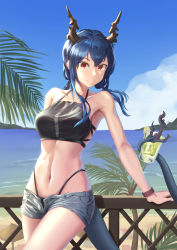 Rule 34 | 1girl, absurdres, argus (argus86998927), arknights, bare arms, bare shoulders, beach, bikini, black bikini, blue hair, blue sky, breasts, ch&#039;en (arknights), ch'en (arknights), chinese commentary, cloud, commentary request, cowboy shot, day, dragon horns, dragon tail, female tourist c (arknights), grey shorts, halterneck, highleg, highleg bikini, highres, holding, holding with tail, horns, long hair, looking at viewer, medium breasts, navel, ocean, official alternate costume, open fly, prehensile tail, railing, red eyes, short shorts, shorts, sky, solo, standing, stomach, swimsuit, tail, thighs, water