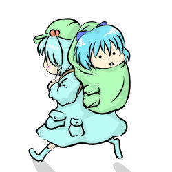 Rule 34 | 2girls, backpack travel, bag, carrying, cirno, female focus, hair bobbles, hair ornament, in bag, in container, kawashiro nitori, magic tambourin, multiple girls, omiya (louise-louis-lucille), piggyback, take it home, touhou, two side up