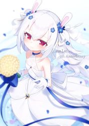Rule 34 | 1girl, animal ears, anniversary, azur lane, bare shoulders, blue bow, blue choker, blue flower, blue ribbon, blurry, blush, bouquet, bow, breasts, choker, closed mouth, collarbone, commentary request, copyright name, depth of field, dress, english text, fake animal ears, flat chest, flower, gloves, grey hair, hair between eyes, hair flower, hair ornament, hair ribbon, halterneck, highres, holding, holding bouquet, jewelry, kokone (coconeeeco), laffey (azur lane), long hair, looking at viewer, official alternate costume, petals, rabbit ears, red eyes, ribbon, ring, see-through, sidelocks, sleeveless, sleeveless dress, small breasts, smile, solo, twintails, veil, very long hair, wedding dress, wedding ring, white dress, white flower, white gloves, white hair, white ribbon, yellow flower