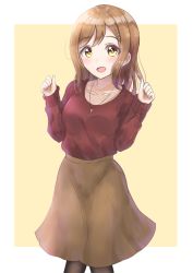 Rule 34 | 1girl, :d, beige background, black pantyhose, blush, breasts, brown hair, brown skirt, brown sweater, collarbone, commentary request, hair ornament, hairclip, hands up, highres, kunikida hanamaru, long hair, long sleeves, love live!, love live! sunshine!!, open mouth, pantyhose, sin (sin52y), skirt, sleeves past wrists, small breasts, smile, solo, sweater, two-tone background, white background, yellow eyes