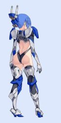 Rule 34 | 1girl, ass, back cutout, black leotard, blue background, blue hair, boots, clothing cutout, duel gundam, from behind, gloves, grey gloves, gundam, gundam seed, hair behind ear, highres, i.takashi, leotard, mecha musume, armored boots, open hand, personification, solo, thigh boots, thighhighs