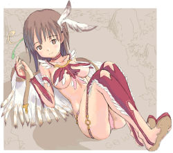 Rule 34 | 1girl, blush, boots, breasts, brown eyes, brown hair, choker, elbow gloves, feathers, gloves, lying, no bra, on back, panties, pink panties, short hair, solo, syzluna, thigh boots, thighhighs, tougetsu gou, underwear