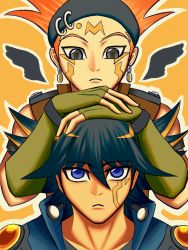 Rule 34 | 2boys, black eyes, black hair, black headband, black wings, blonde hair, blue eyes, blue jacket, brown jacket, closed mouth, commentary request, crow hogan, detached wings, earrings, facial tattoo, fudo yusei, hair between eyes, hands on another&#039;s head, headband, highres, jacket, jewelry, looking at another, male focus, multicolored hair, multiple boys, noruuin, orange background, orange hair, outline, short hair, sleeveless, sleeveless jacket, spiked hair, streaked hair, tattoo, two-tone hair, upper body, wings, yu-gi-oh!, yu-gi-oh! 5d&#039;s