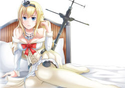 Rule 34 | 10s, 1girl, absurdres, bare shoulders, blonde hair, blue eyes, braid, breasts, corset, crossed legs, crown, dress, flower, french braid, garter straps, hairband, highres, jewelry, kantai collection, large breasts, long hair, long sleeves, looking at viewer, lying, mini crown, off shoulder, on bed, open mouth, pillow, red flower, red ribbon, red rose, ribbon, rose, scepter, smile, solo, thighhighs, warspite (kancolle), white background, white dress, white thighhighs, xlscaler