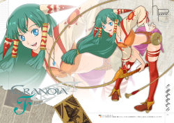 Rule 34 | 1girl, :d, blue eyes, breasts, character name, cleavage, copyright name, feena (grandia), full body, game arts, grandia, grandia i, green hair, hair tubes, hand on own hip, jewelry, leaning forward, legs, long hair, looking at viewer, low-tied long hair, medium breasts, midriff, miniskirt, necklace, open mouth, red thighhighs, shiitake urimo, shoes, skirt, smile, solo, thighhighs, thighs, torn clothes, torn thighhighs, whip, zoom layer