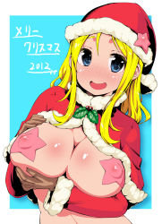 Rule 34 | 1girl, :d, bad id, bad pixiv id, blonde hair, blue eyes, blush, breast hold, breasts, christmas, covered erect nipples, female focus, full-face blush, gloves, hat, highres, karube ponzu, large breasts, long hair, looking at viewer, open mouth, original, pasties, santa hat, smile, solo, star (symbol), star pasties, upper body