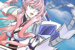 1girl armor blue_eyes breasts cleavage gloves hair_between_eyes headgear henshin highres large_breasts long_hair looking_to_the_side maria_cadenzavna_eve open_mouth pink_hair power_armor power_suit senki_zesshou_symphogear solo toru_dai very_long_hair weapon whip_sword