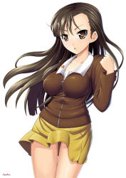 Rule 34 | 10s, 1girl, breasts, brown eyes, brown hair, chi-hatan military uniform, female focus, girls und panzer, highres, impossible clothes, impossible shirt, jacket, large breasts, long hair, long sleeves, military, military uniform, miniskirt, nishi kinuyo, number10 (hagakure), pleated skirt, shirt, skirt, solo, standing, thigh gap, thighs, uniform