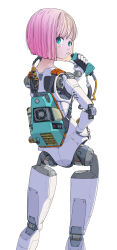 Rule 34 | 1girl, absurdres, android, aqua eyes, backpack, bag, bob cut, cable, contrapposto, drinking, drinking straw, hand on own hip, highres, joints, looking at viewer, looking back, original, pink hair, robot joints, science fiction, short hair, solo, standing, sukabu, white background