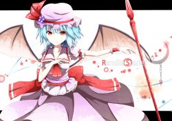 Rule 34 | 1girl, ascot, bad id, bad pixiv id, bat wings, blue hair, breasts, character name, dress, female focus, hat, hat ribbon, hidaka kouyou, highres, letterboxed, polearm, red eyes, remilia scarlet, ribbon, short hair, small breasts, smile, solo, spear, spear the gungnir, touhou, weapon, wings