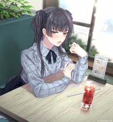 Rule 34 | 1girl, black hair, black ribbon, black skirt, brown eyes, commentary request, cup, drink, drinking glass, hair ribbon, twirling hair, highres, idolmaster, idolmaster shiny colors, indoors, long hair, long sleeves, looking at viewer, mayuzumi fuyuko, menu, neck ribbon, plaid, plaid shirt, playing with own hair, restaurant, ribbon, shirt, skirt, solo, sweatdrop, table, takeko spla, two side up, window